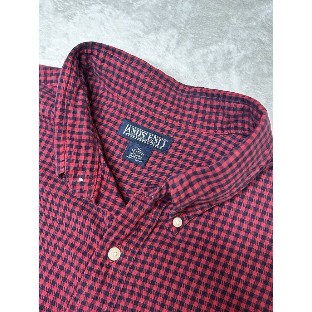 Lands End Men's XL Red Plaid Long Sleeve Button‎ Down 100% Cotton
